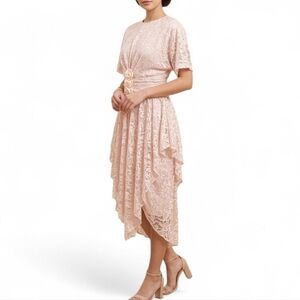 Vtg Filigree Pink Lace Peplum Midi Dress Size 8 Made in USA Romantic Coquette